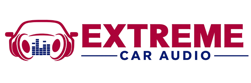 Extreme Car Audio logo with red headphones around a car, bold red and blue text on white background
