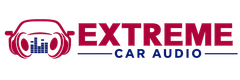 Extreme Car Audio logo with red headphones around a car, bold red and blue text on white background