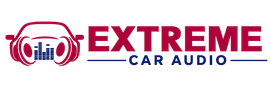 Extreme Car Audio logo with red headphones around a car, bold red and blue text on white background
