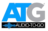 ATG Audio-To-Go logo with blue and gray letters and a black audio waveform bar