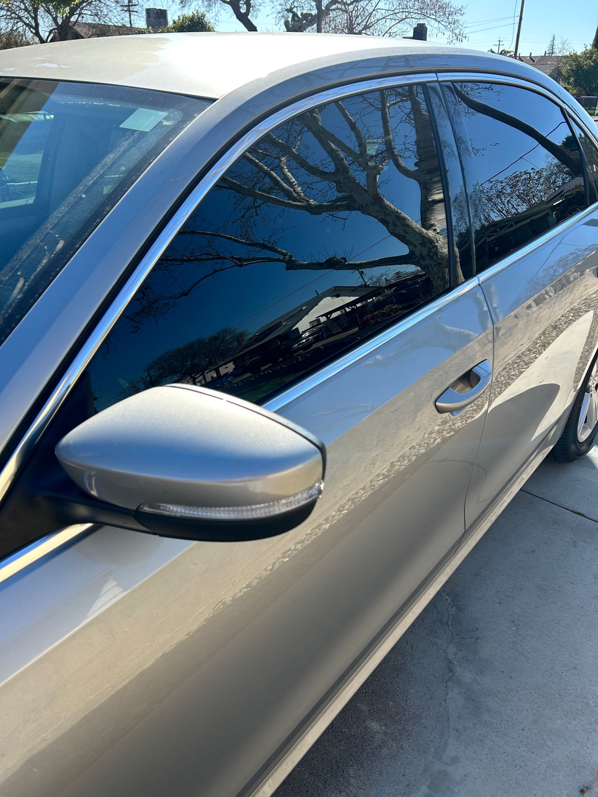 Silver car parked outdoors, showing the side mirror and tinted windows reflecting a tree.