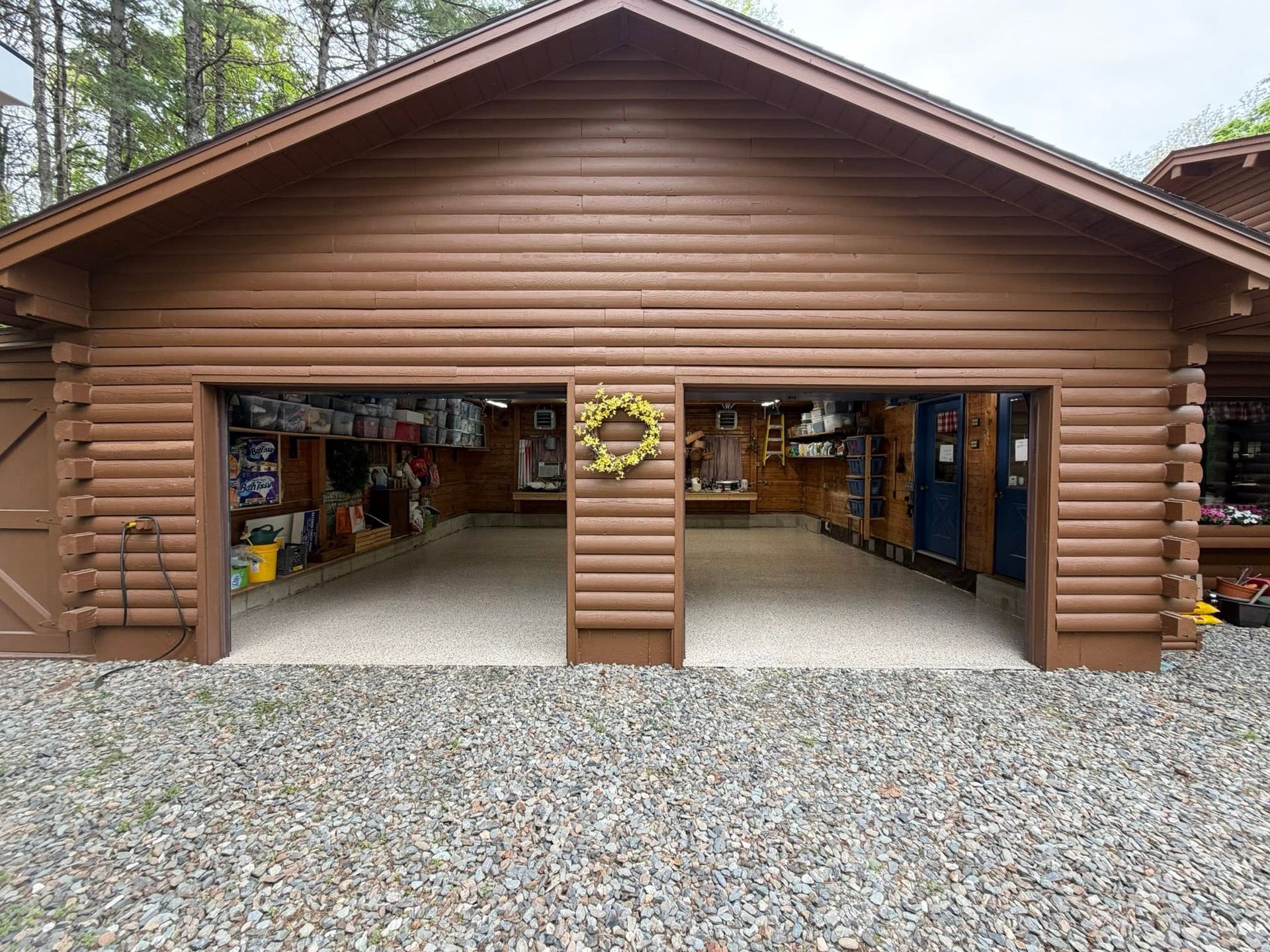 exterior photo of a finished garage epoxy floor maine