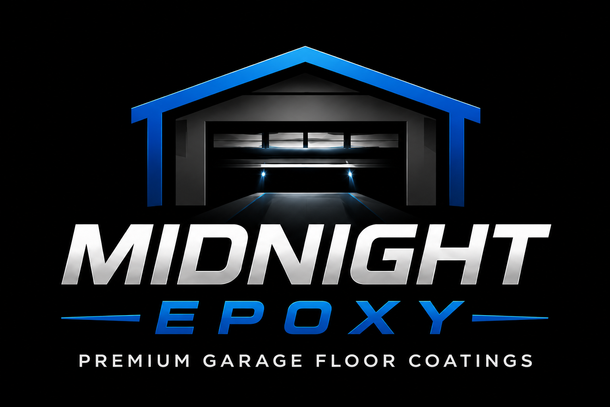 Logo for Midnight Epoxy featuring a paint roller, dark blue and silver colors.