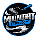 Logo for Midnight Epoxy. Black and blue with a paint roller and flowing design elements.