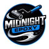 Logo for Midnight Epoxy. Black and blue with a paint roller and flowing design elements.