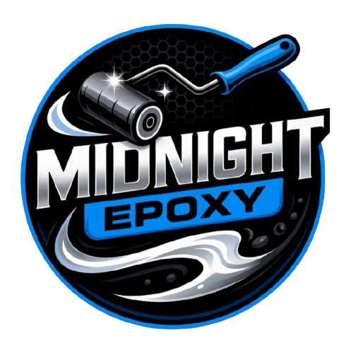Logo for Midnight Epoxy. Black and blue with a paint roller and flowing design elements.