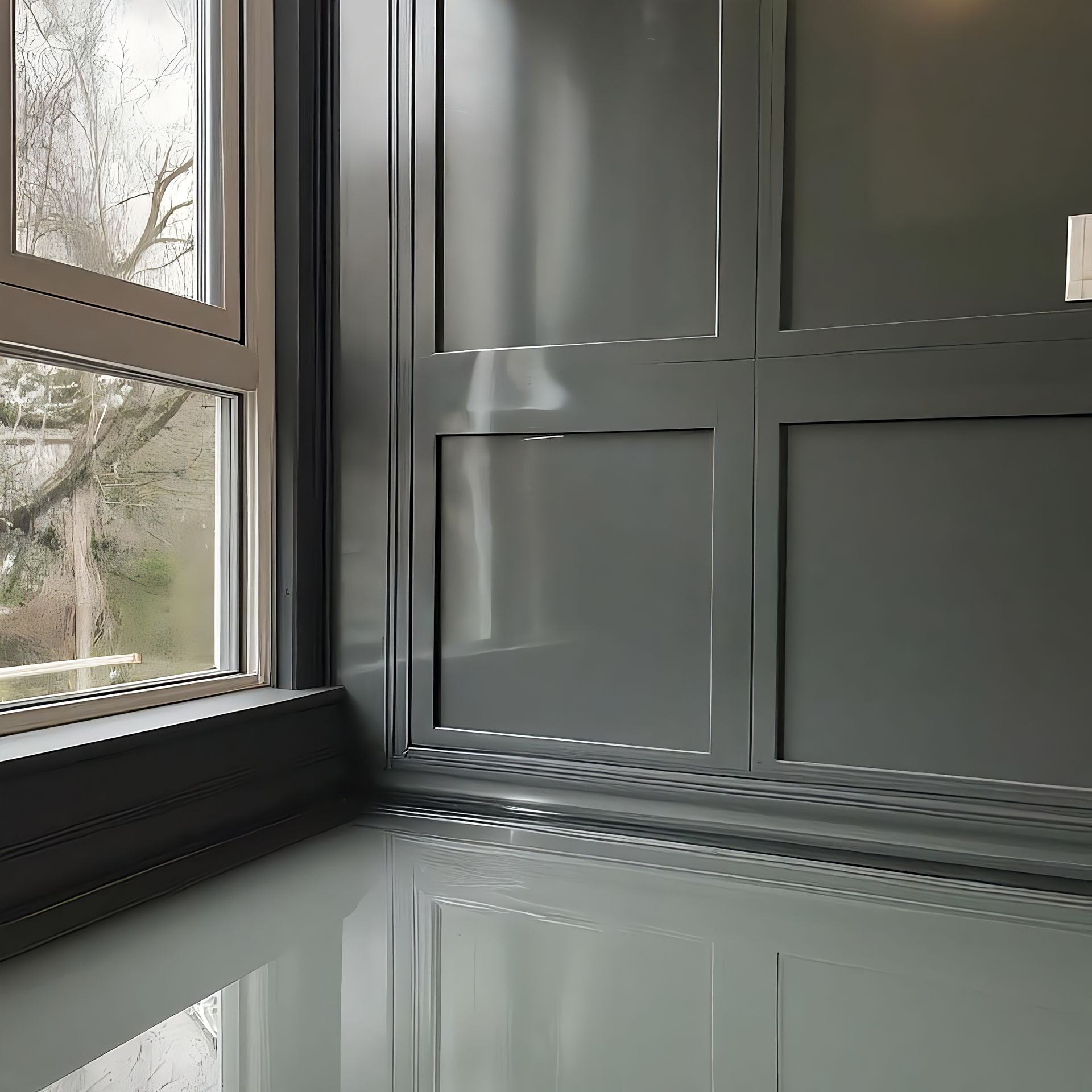 Corner of room with large window, gray walls and reflective floor.