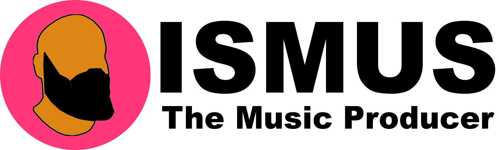 A logo for ismus the music producer with a man 's head in a pink circle.