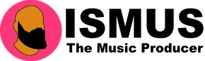 A logo for ismus the music producer with a man 's head in a pink circle.