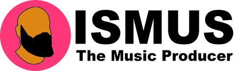 A logo for ismus the music producer with a man 's head in a pink circle.