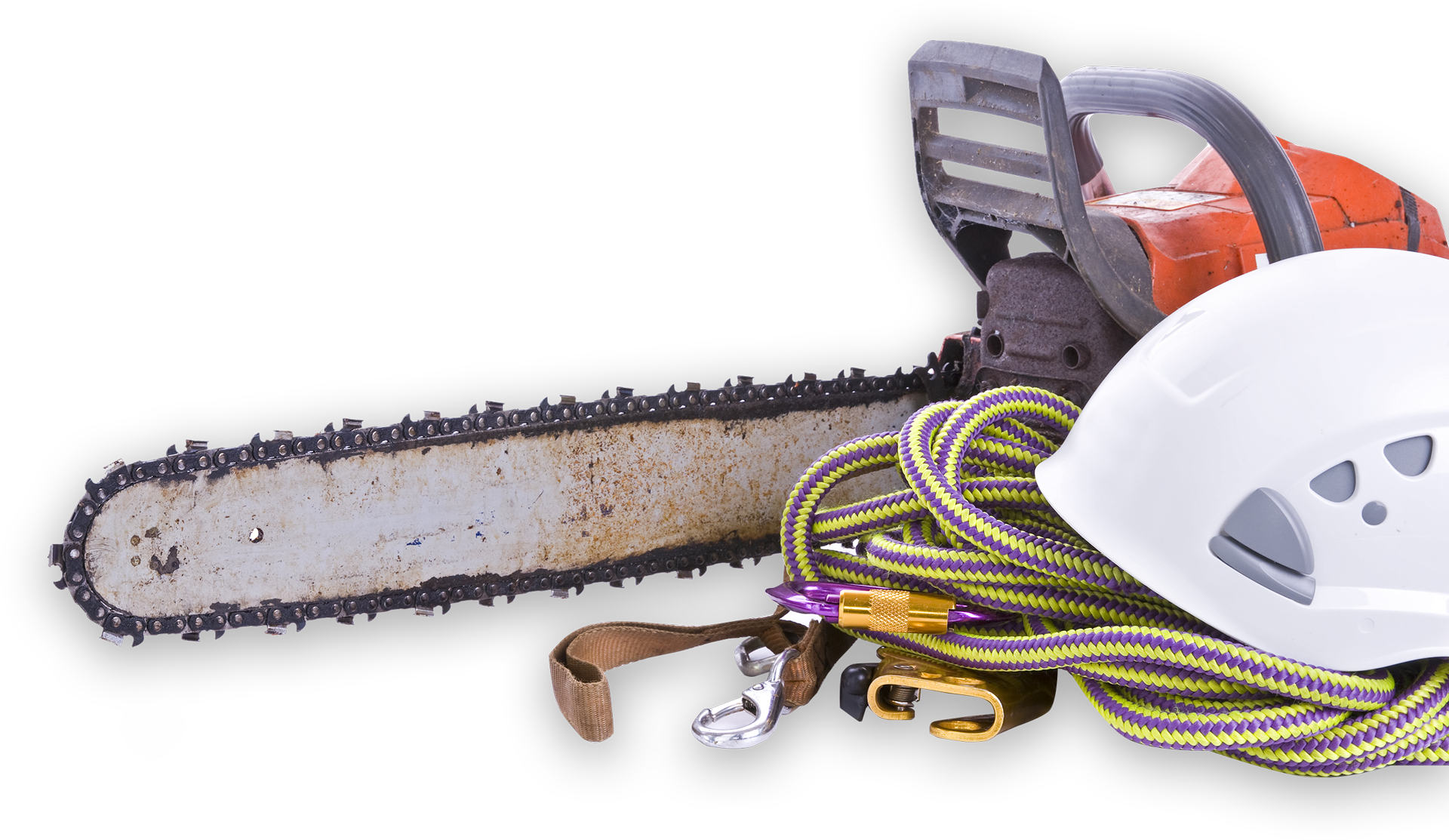 A Chainsaw a Hard Hat and a Rope Are on a White Background