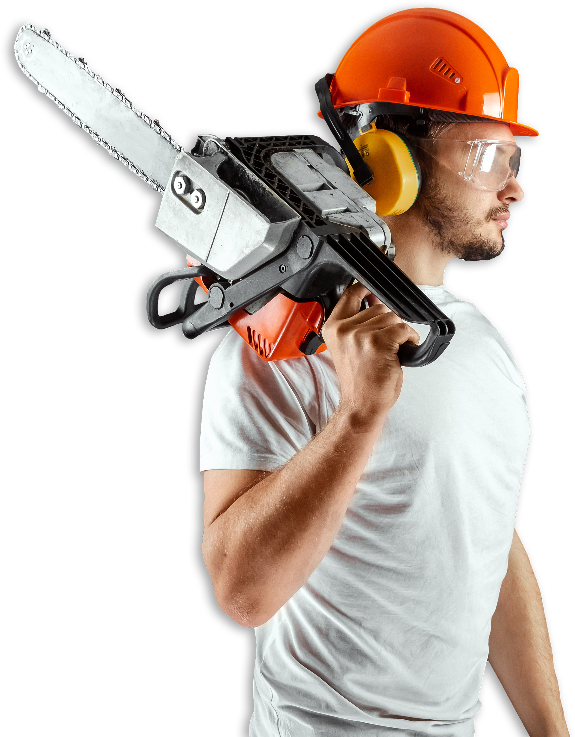 A Man Wearing a Hard Hat is Carrying a Chainsaw on His Shoulder