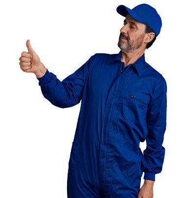 Man in blue work uniform and cap giving a thumbs-up on a white background | West Main Auto Repair