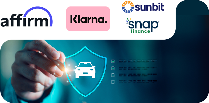 Afifrm, Klarna, Sunbit and Snap Finance logos above a hand touching a glowing car shield icon | West Main Auto Repair