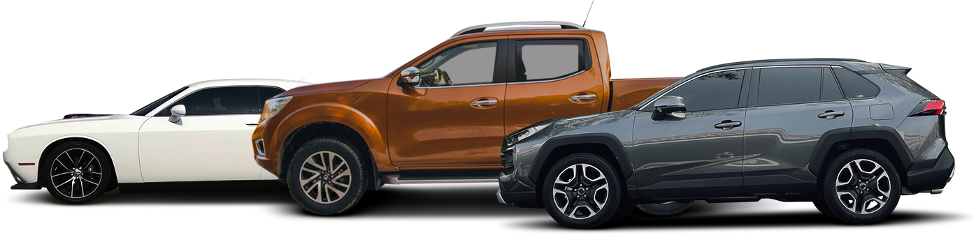 Three SUVs in white, orange, and gray shown side by side on a white background | West Main Auto Repair