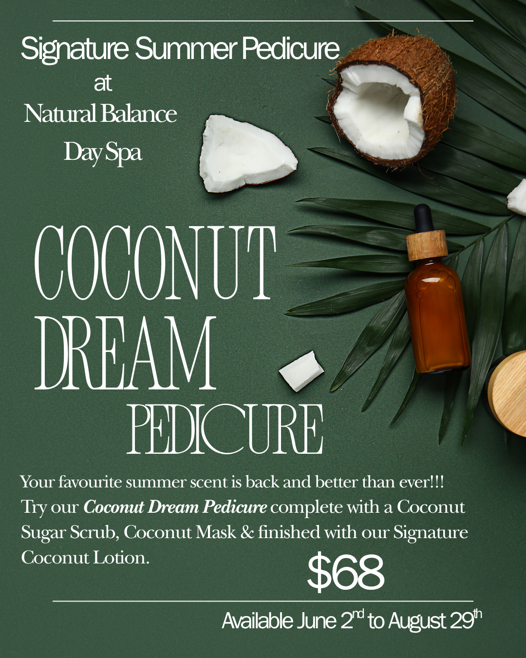Advertisement for a December special pedicure. Features a woman's feet, cookie, and drink. Includes text details.