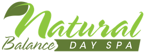 Logo for Natural Balance Day Spa in green with a leaf and banner.