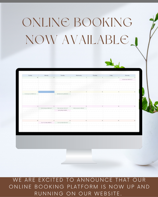Announcement: Online booking now available. A computer screen displays a calendar, with text overlaid.