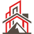 Logo con casa e montagna rosse e marroni e linee geometriche