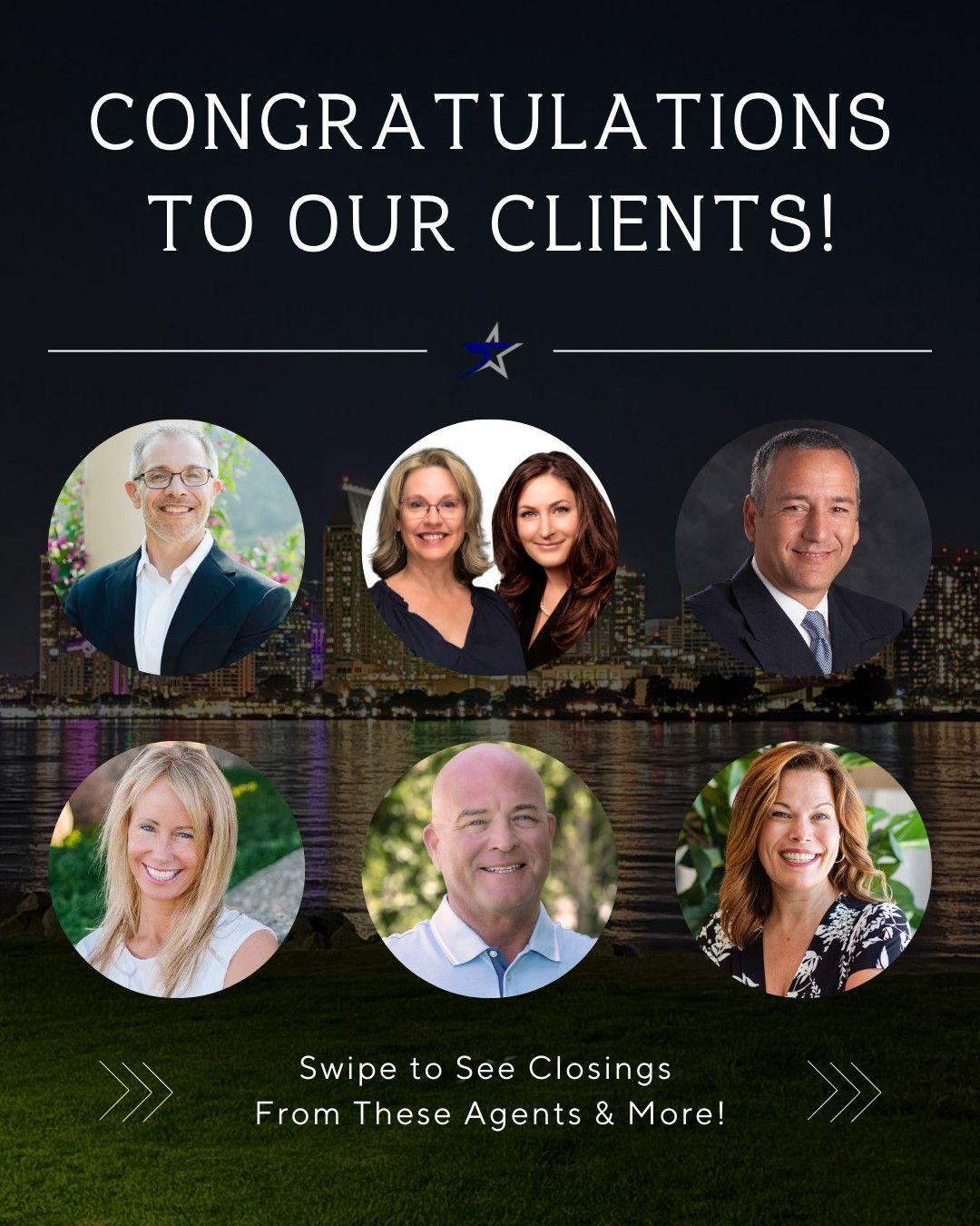 Social media graphic featuring six professionals over a night city skyline with text: 