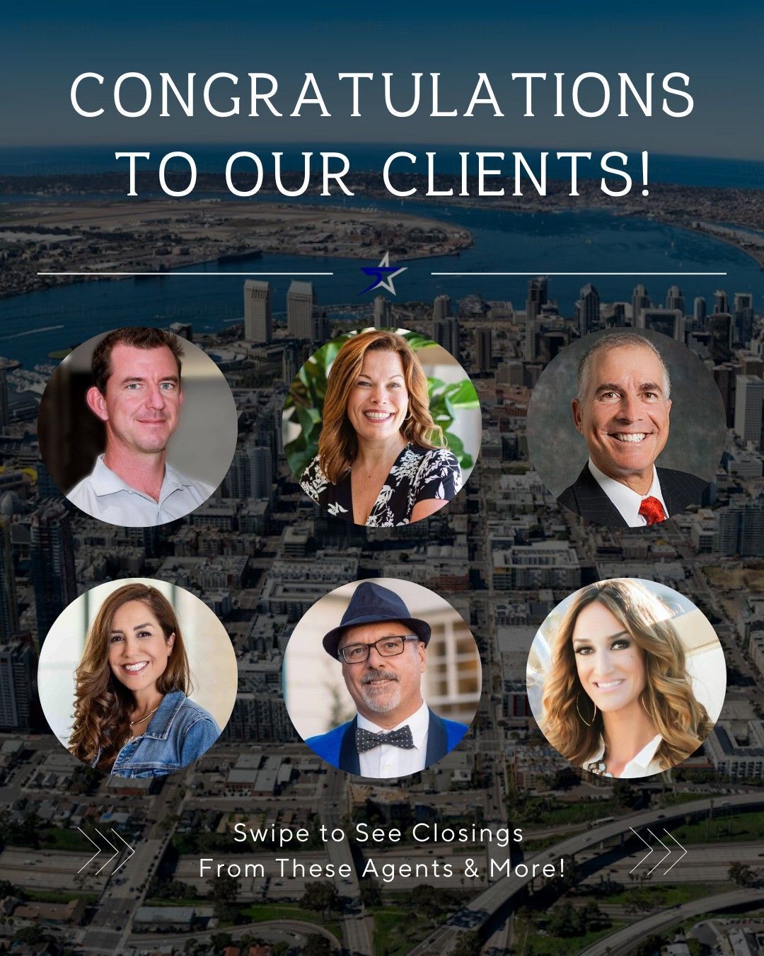 A graphic featuring six professional headshots over a city view, titled 