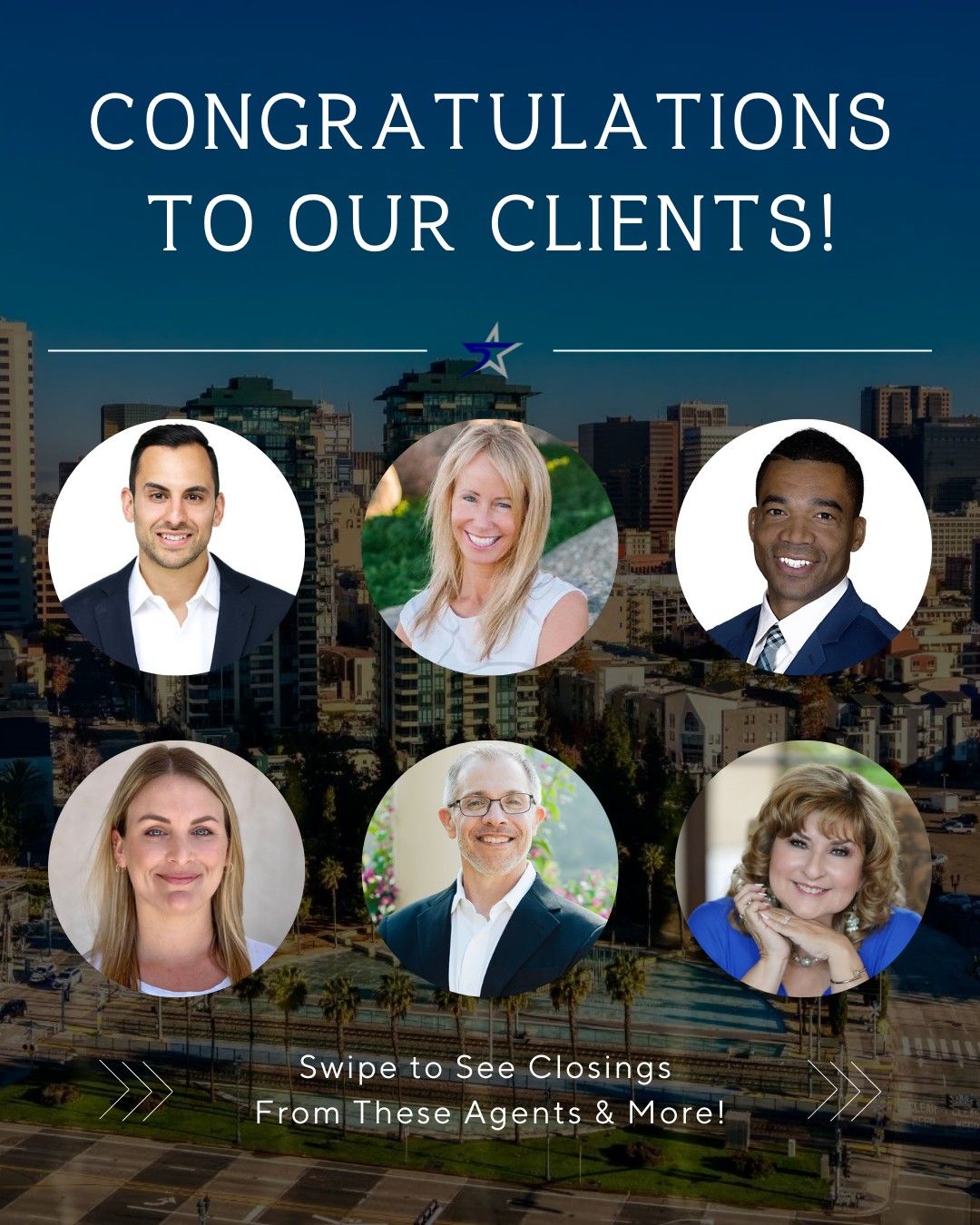Real estate marketing graphic with six professional headshots against a city skyline, captioned 