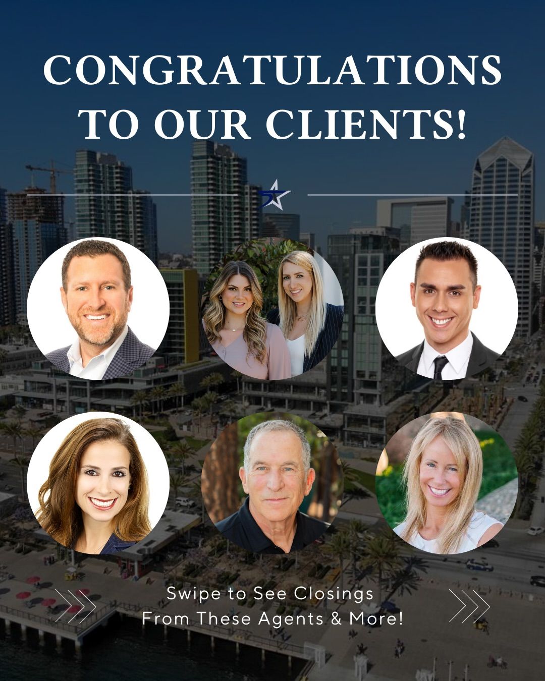 A promotional graphic featuring six smiling professionals over a city skyline with text: 