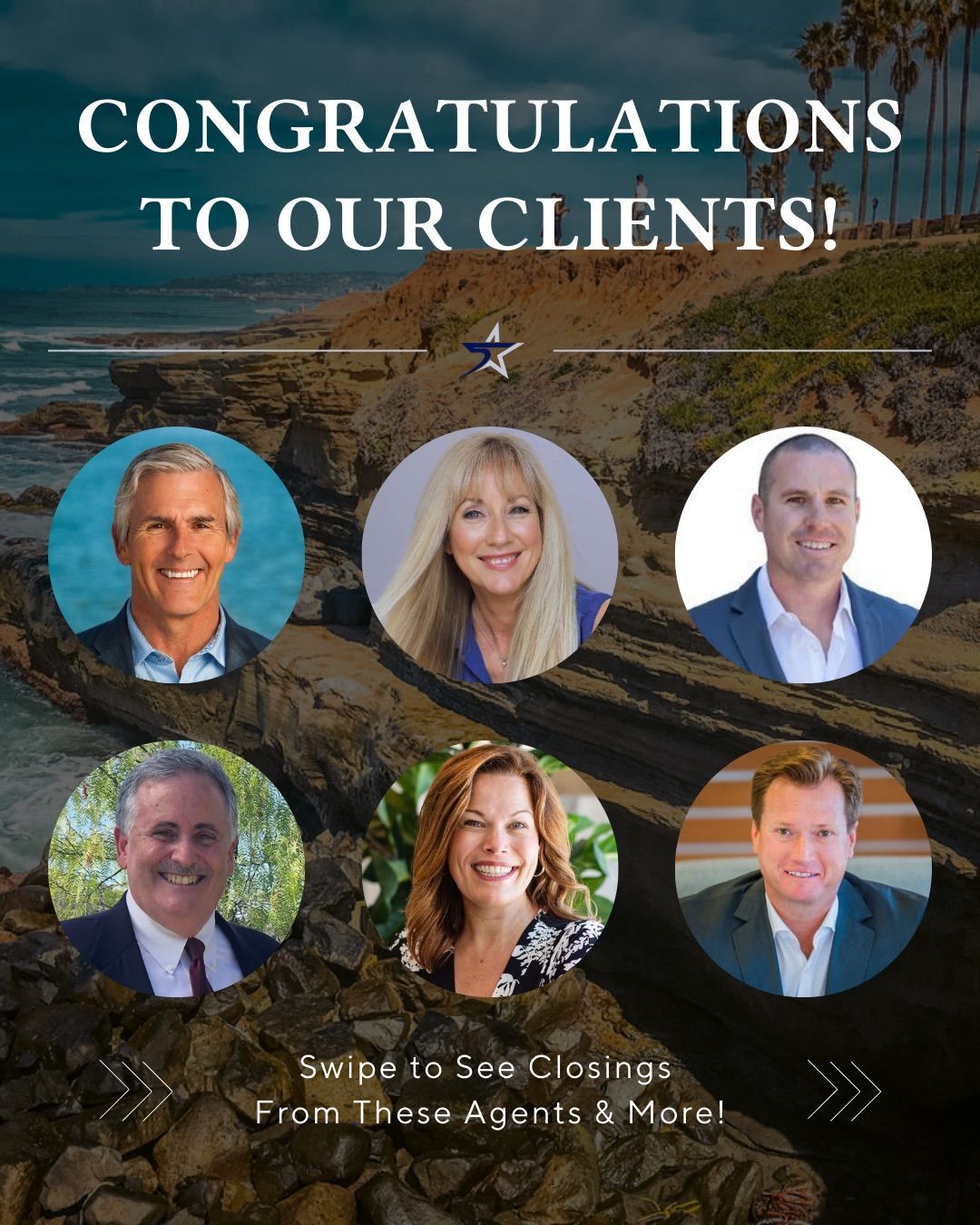 A graphic with six professional headshots over a coastal landscape, congratulating clients with a call to swipe for more.