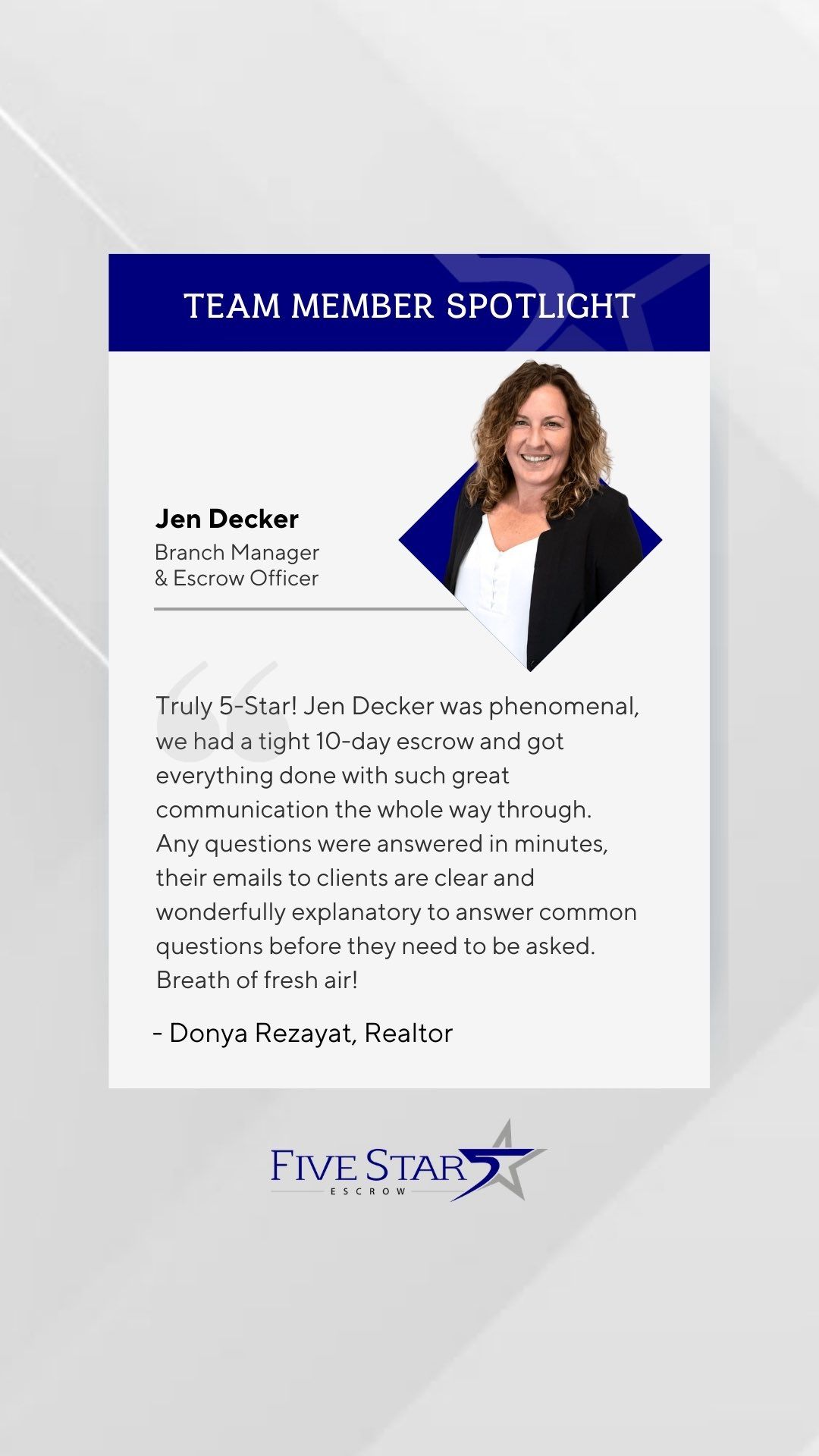 Team Member Spotlight graphic for Jan Decker, showing a photo of the staff member and a testimonial from a client.