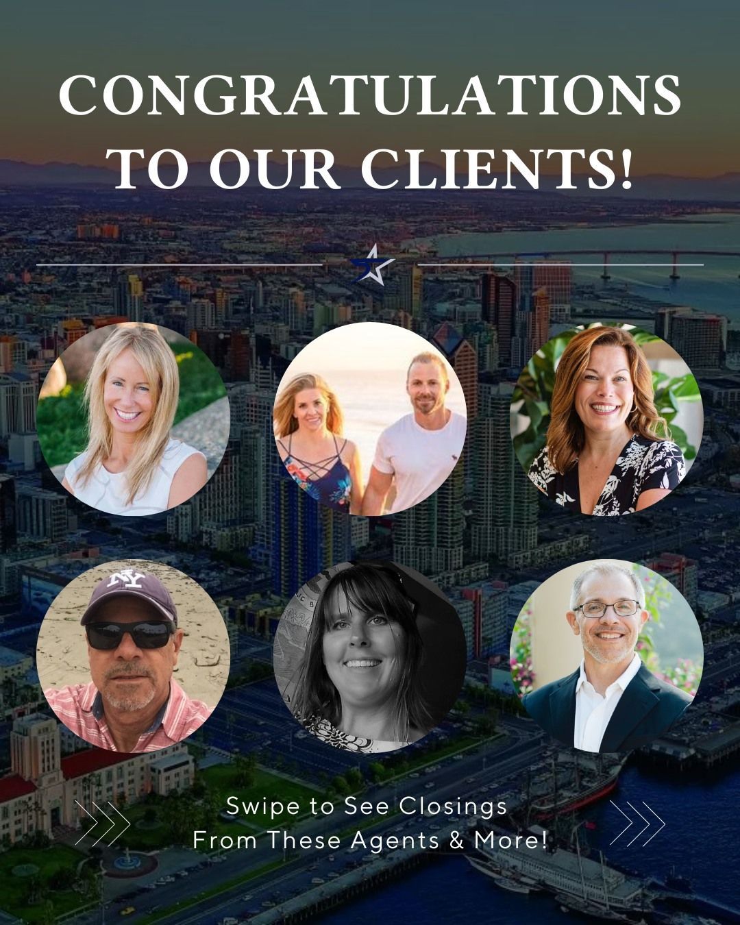 A graphic celebrating real estate clients, featuring six circular headshots over a cityscape with text, 