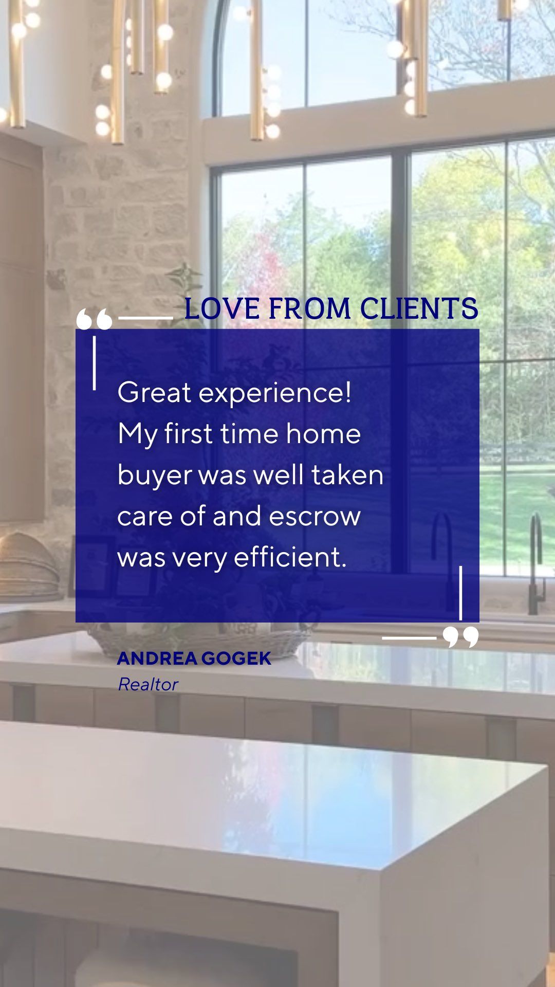 Testimonial overlay on a kitchen background: 