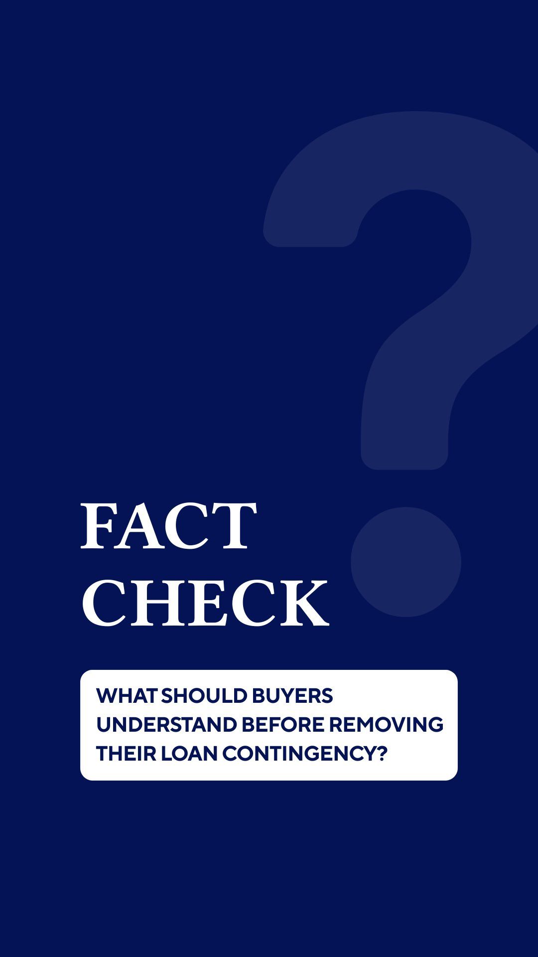 A dark blue vertical graphic with a large faint question mark and the text: 