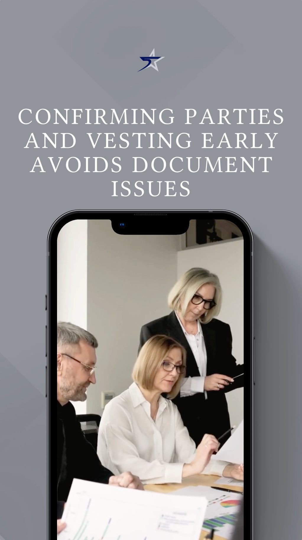 Three professionals in a bright office reviewing documents, shown on a smartphone screen against a gray background.