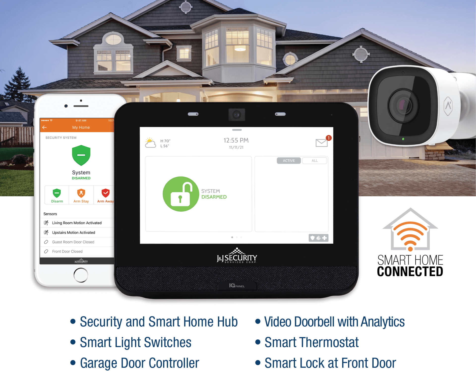 Smart home security system: hub, phone app, camera, and house in the background.