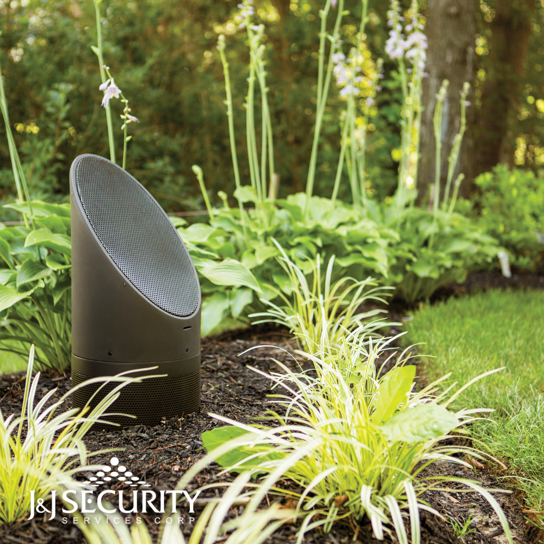 Bronze outdoor spotlight illuminates garden bed with plants.