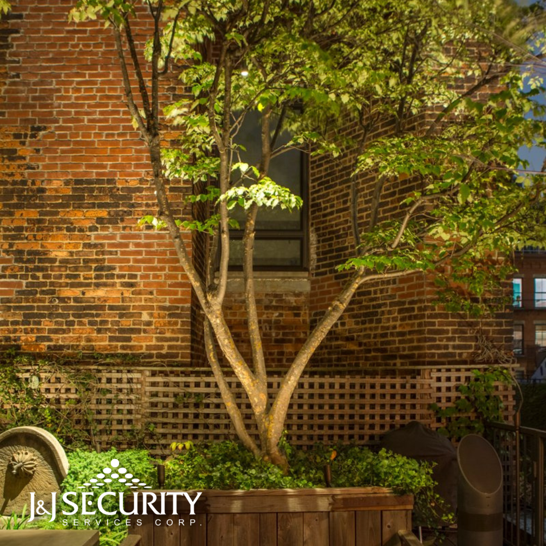 Tree in wooden planter on a patio with a brick wall backdrop.