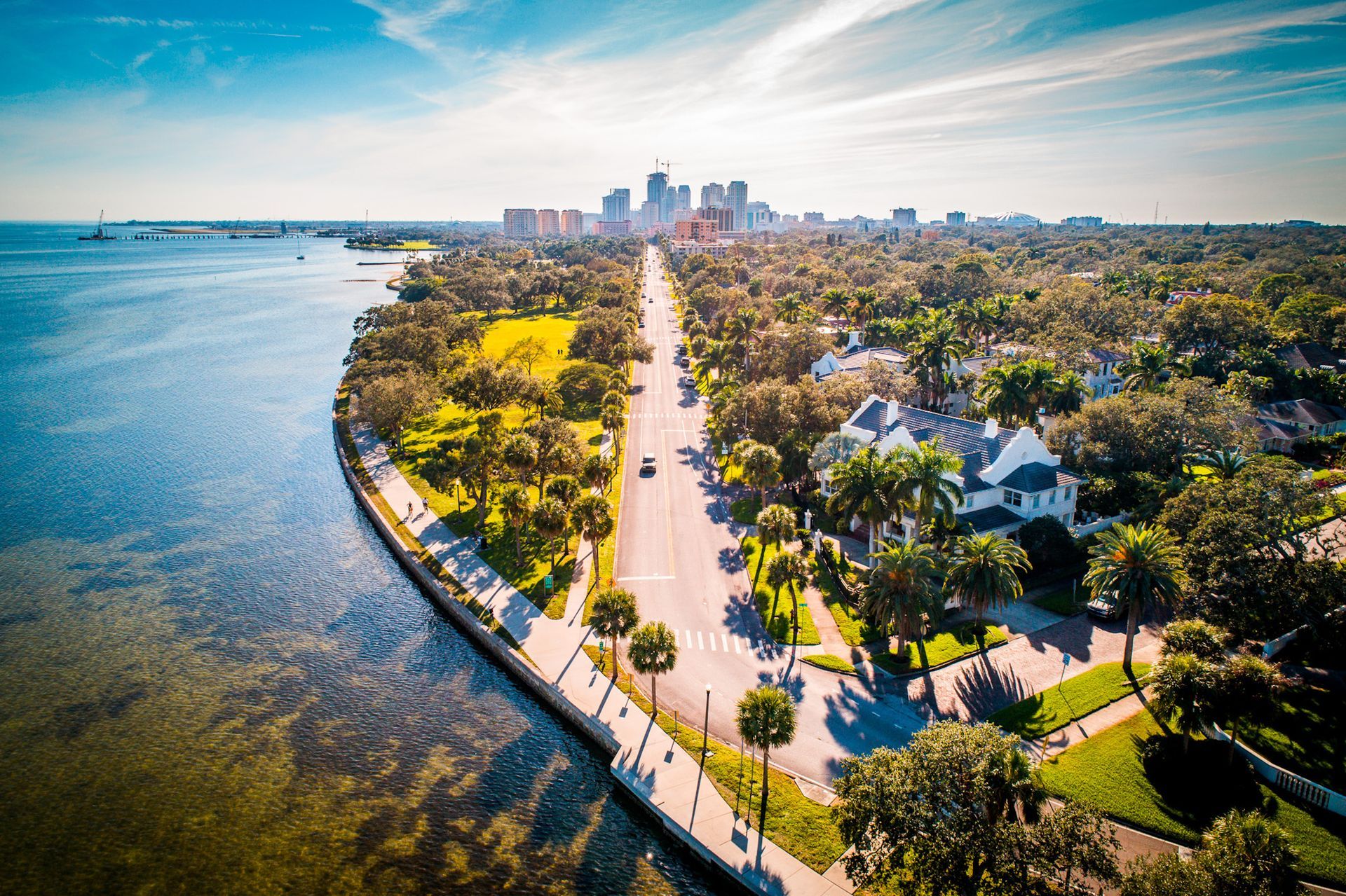Aerial view of Tampa, Florida, cityscape, road lined with trees, water on the left, blue sky.