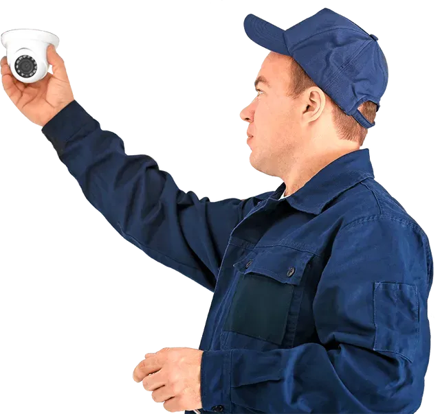 Man in blue uniform installing a security camera.