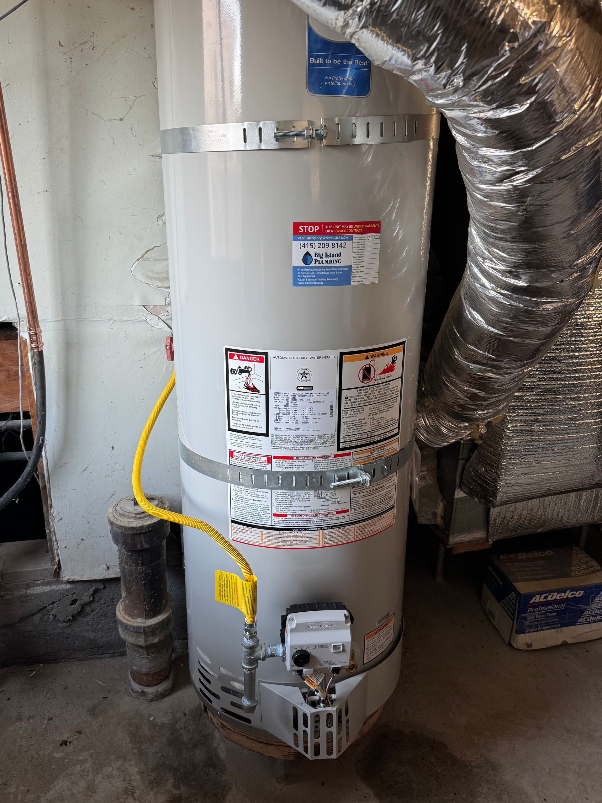 Replacement gas water heater with new shutoff valves and expansion tank in Marin County