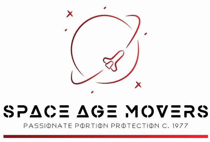 Space Age Movers logo with red rocket orbiting a circle and black text