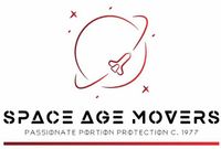 Space Age Movers logo with red rocket orbiting a circle and black text