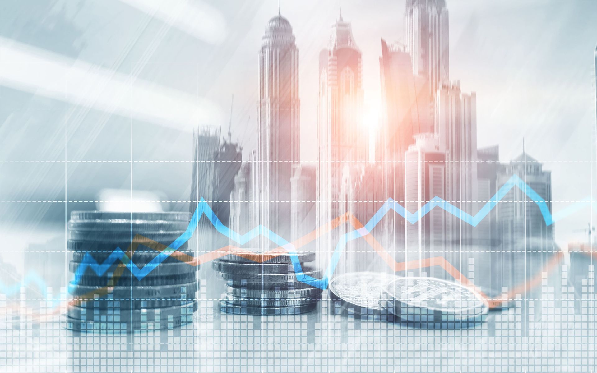 Stacks of coins with overlaid financial graphs and a city skyline.