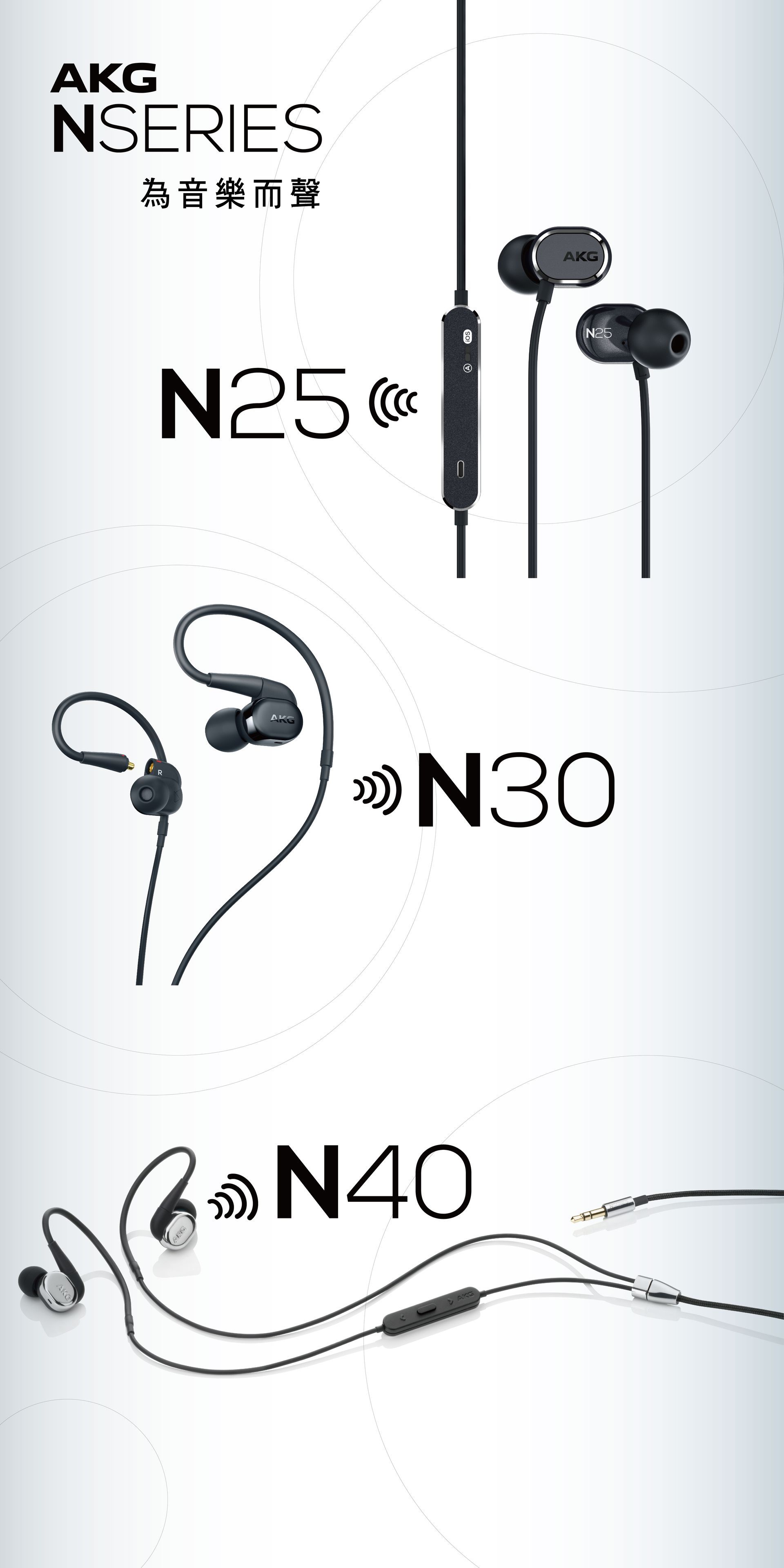 AKG N Series earphones: N25, N30, and N40 models. Black earbuds, white background.
