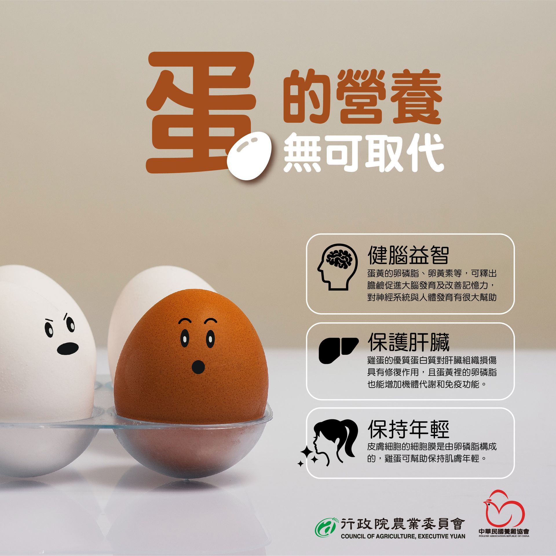 Eggs in a carton with a brown egg with facial features and text emphasizing eggs' nutrition.