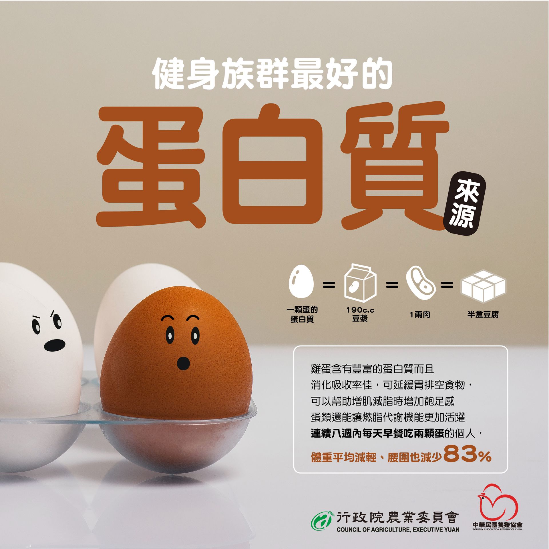 Eggs in carton, brown egg with surprised face, text about protein for fitness enthusiasts.