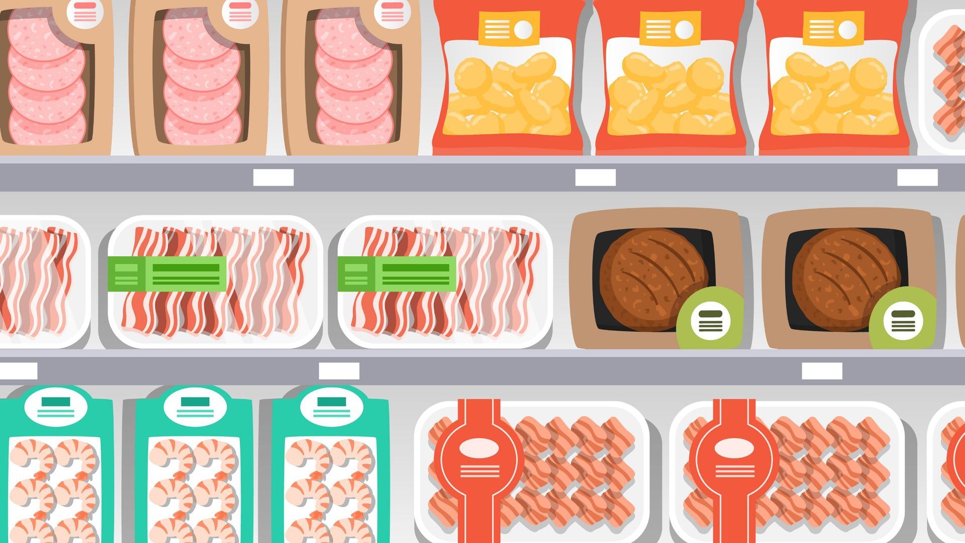 Meat products on supermarket shelves, including sausage, bacon, and shrimp.