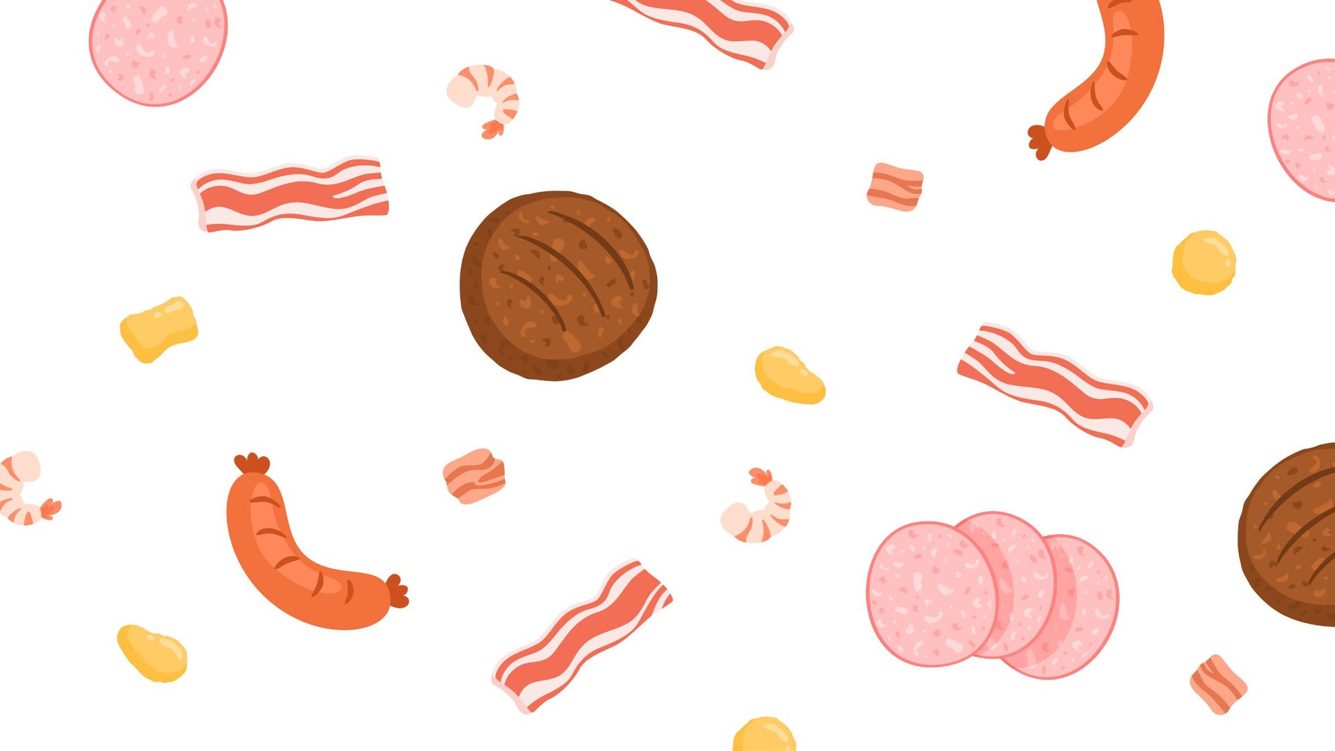 Scattered food items: sausage, bacon, hamburger, shrimp, and potato chunks on a white background.
