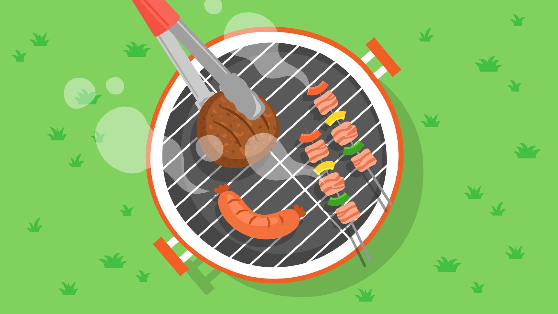 A barbecue grill with meat and skewers on a green lawn, red tongs flipping a burger.