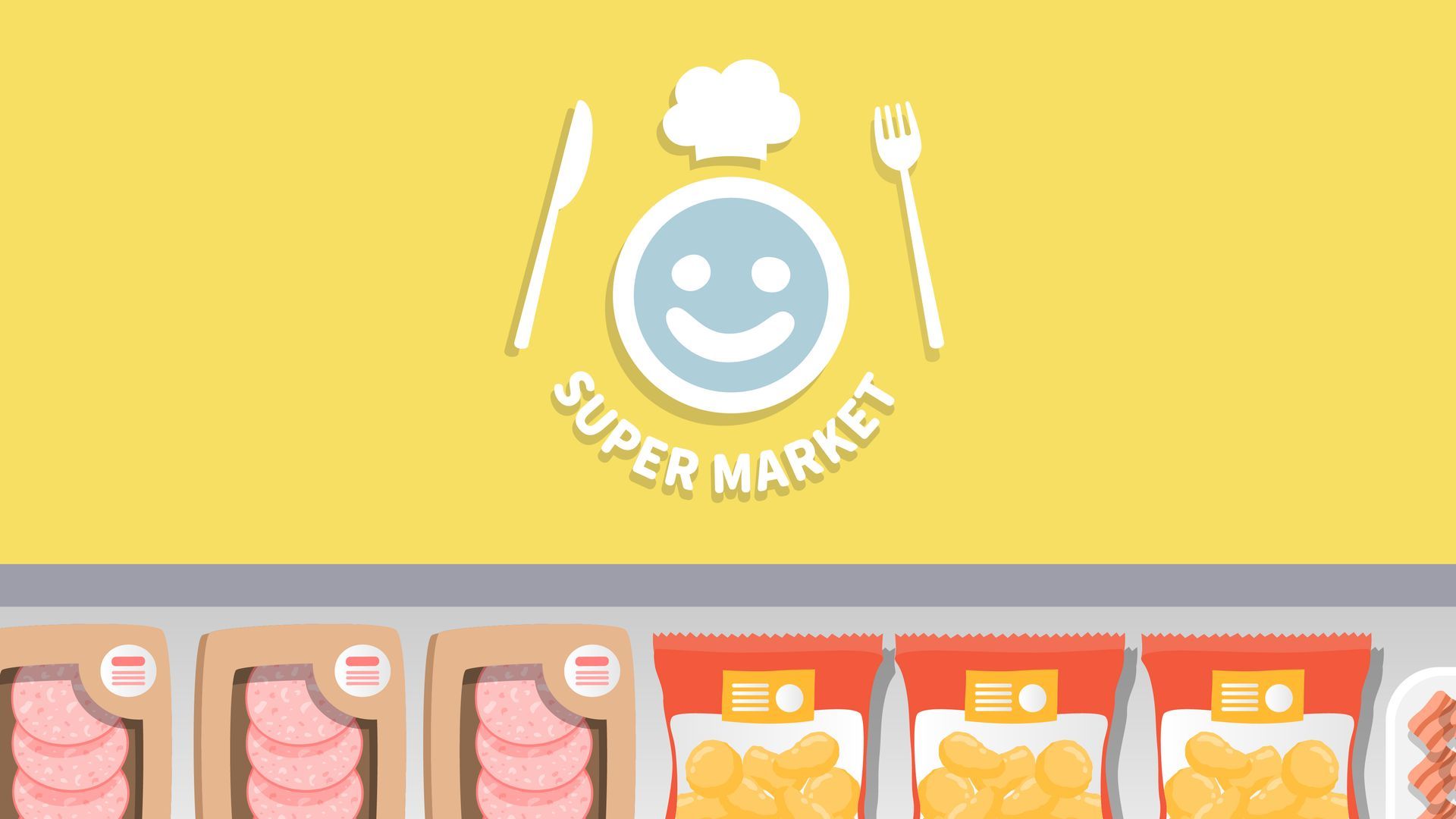 Supermarket logo with a smiling face and utensils above a display of packaged meat and snacks.