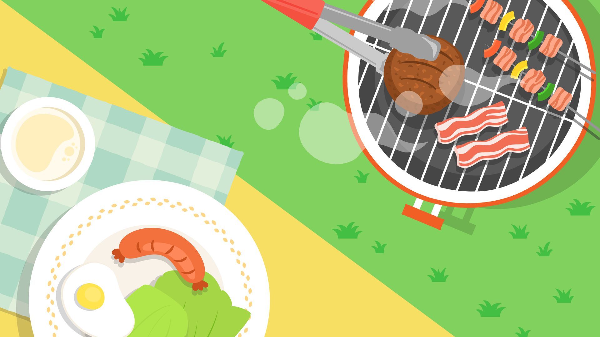 Picnic scene: Grill with food, plate with food, and sauce bowl on a checkered blanket on grass.